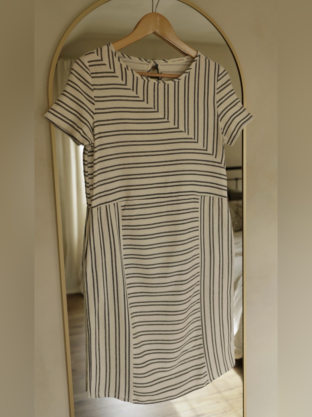 Cream and Black Striped Short-Sleeve Midi Dress